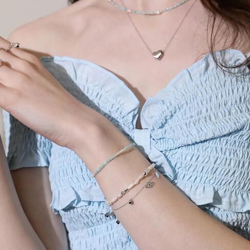Meissa Turquoise Pearl Bead Bracelet for Women Crystal Chain Link Freshwater Pearls Bracelet 925 Sterling Silver Handmade Dainty Bracelet, 6-7.5 Inches in Saudi Arabia