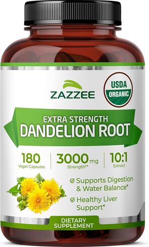 Zazzee USDA Organic Dandelion Root 10:1 Extract, 3000 mg Strength, 120 Capsules, 4 Month Supply, Standardized and Concentrated 10X Extract, 100% Vegetarian, All-Natural and Non-GMO in Saudi Arabia
