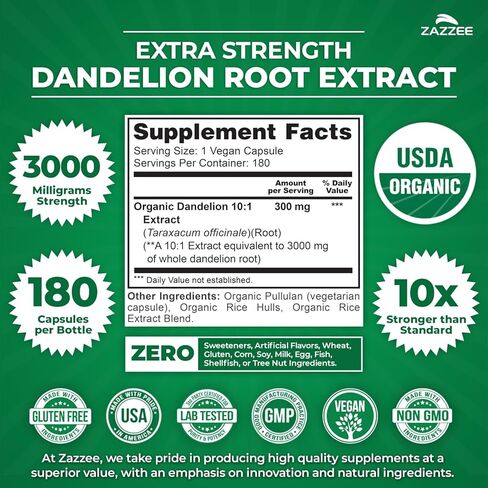 Zazzee USDA Organic Dandelion Root 10:1 Extract, 3000 mg Strength, 120 Capsules, 4 Month Supply, Standardized and Concentrated 10X Extract, 100% Vegetarian, All-Natural and Non-GMO in Saudi Arabia