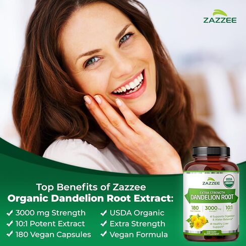 Zazzee USDA Organic Dandelion Root 10:1 Extract, 3000 mg Strength, 120 Capsules, 4 Month Supply, Standardized and Concentrated 10X Extract, 100% Vegetarian, All-Natural and Non-GMO in Saudi Arabia