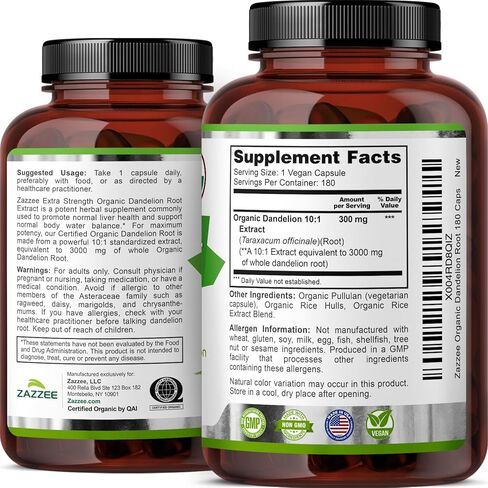 Zazzee USDA Organic Dandelion Root 10:1 Extract, 3000 mg Strength, 120 Capsules, 4 Month Supply, Standardized and Concentrated 10X Extract, 100% Vegetarian, All-Natural and Non-GMO in Saudi Arabia