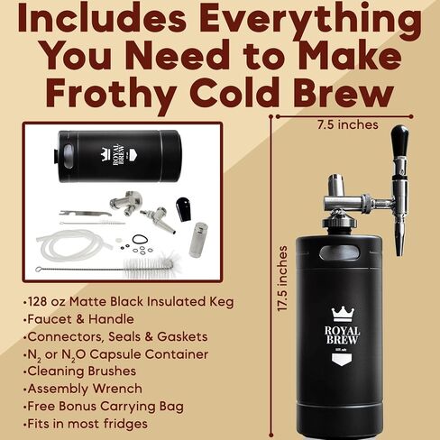 The Original Royal Brew Nitro Cold Brew Coffee Maker - Gift for Coffee Lovers -128 oz Extra Large Home Keg, Nitrogen Gas System Coffee Dispenser Kit - Use Nitrogen or Nitrous Oxide in Kuwait