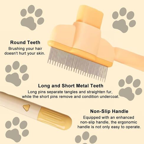 Stainless Steel Dog Comb for Shedding and Detangling - Self-Cleaning Pet Grooming Tool with Ergonomic Handle, Yellow in Saudi Arabia