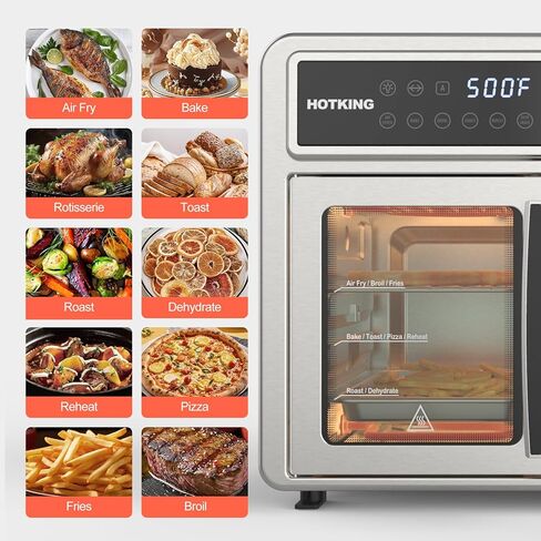 مجموعة فرن محمصة مقلاة هوائية مزدوجة المنطقة من HotKing، 28 QT كبيرة جدًا، فرن حراري من الفولاذ المقاوم للصدأ غير سام مع باب فرنسي، مقلاة هوائية على سطح الطاولة مع نافذة، رفوف، مشواة، مجفف، تصنيف ETL in Kuwait
