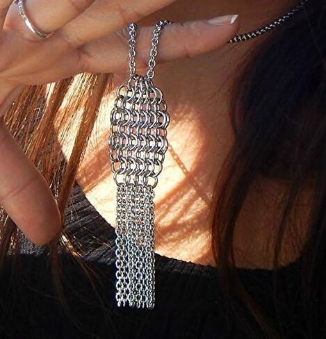 Original Stainless Steel Tassle Necklace - Handmade Long Fringe Necklace - 11th Anniversary Gift for Wife (Steel) - 11 Year Wedding Anniversary Jewelry (Choose Length) by ChainMettle Jewelry in Saudi Arabia