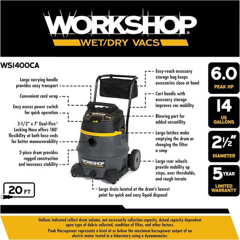 WORKSHOP Wet/Dry Vacs Vacuum WS1400CA High Power Wet/Dry Vacuum Cleaner, 14-Gallon Heavy-Duty Shop Vacuum Cleaner, 6.0 Peak HP Wet and Dry Vacuum with Cart,Gray in Saudi Arabia