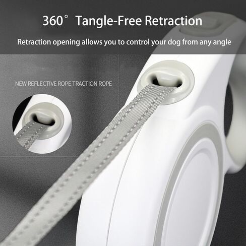 360° Tangle-Free Retractable Dog Leash, Strong Reflective Nylon Tape Lead 16 ft Dog Walking Leash, up to 66lbs, Anti-Slip Rubberized Handle, One-Handed Brake, White-Gray (Medium) in Saudi Arabia