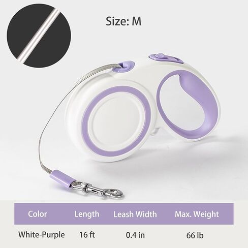360° Tangle-Free Retractable Dog Leash, Strong Reflective Nylon Tape Lead 16 ft Dog Walking Leash, up to 66lbs, Anti-Slip Rubberized Handle, One-Handed Brake, White-Gray (Medium) in Saudi Arabia