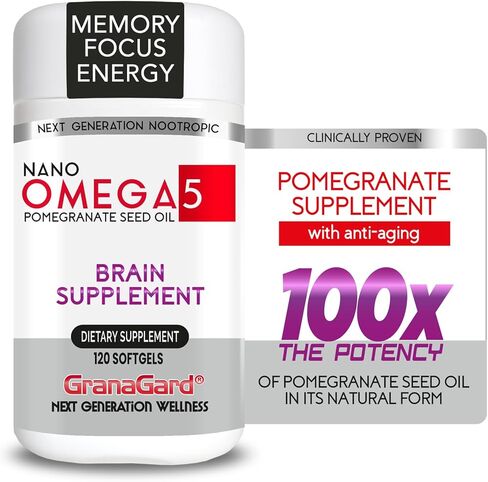 GranaGard 𝗖𝗟𝗜𝗡𝗜𝗖𝗔𝗟𝗟𝗬 𝗣𝗥𝗢𝗩𝗘𝗡 (إمداد لمدة شهر واحد) 𝗕𝗥𝗔𝗜𝗡 𝗦𝗨𝗣𝗣𝗟𝗘 حبوب الذاكرة، مكمل أوميغا 5 بالرمان، زجاجة واحدة 60 قيراط in Saudi Arabia