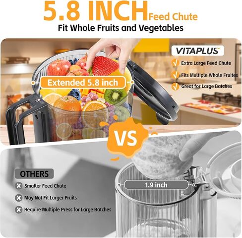 عصارة الضغط البارد، عصارة المضغ VITAPLUS، الإصدار الجديد 2025 من المحرك التعريفي AC 46 دورة في الدقيقة آلة استخراج العصير البطيئة ذات الإنتاجية القصوى مع شلال تغذية 5.8 بوصة للخضروات والفواكه الكاملة in Kuwait
