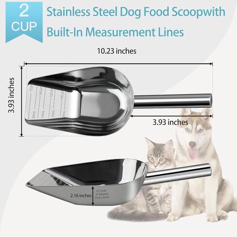 Dog-Cat Food Scoop 1 Cup – Thickened 304 Stainless Steel Pet Food Scoop with Long Handle, Precision Scale, Easy to Clean, Suitable for Wet Dry Food in Saudi Arabia