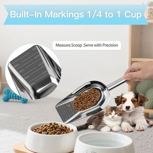 Dog-Cat Food Scoop 1 Cup – Thickened 304 Stainless Steel Pet Food Scoop with Long Handle, Precision Scale, Easy to Clean, Suitable for Wet Dry Food in Saudi Arabia