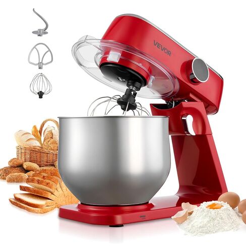 VEVOR Stand Mixer, 3 QT Electric Kitchen Mixer, 300W Dough-Mixer, 10 Speeds Tilt-head Food-Mixer with Stainless Steel Bowl, Dough Hook, Whisk, Beater, for Baking, Mixing, Whipping & Kneading, Red in Kuwait