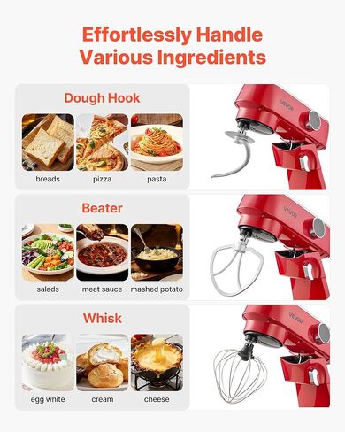 VEVOR Stand Mixer, 3 QT Electric Kitchen Mixer, 300W Dough-Mixer, 10 Speeds Tilt-head Food-Mixer with Stainless Steel Bowl, Dough Hook, Whisk, Beater, for Baking, Mixing, Whipping & Kneading, Red in Kuwait