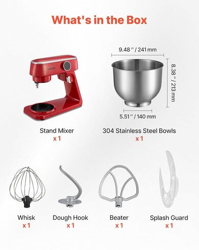 VEVOR Stand Mixer, 3 QT Electric Kitchen Mixer, 300W Dough-Mixer, 10 Speeds Tilt-head Food-Mixer with Stainless Steel Bowl, Dough Hook, Whisk, Beater, for Baking, Mixing, Whipping & Kneading, Red in Kuwait