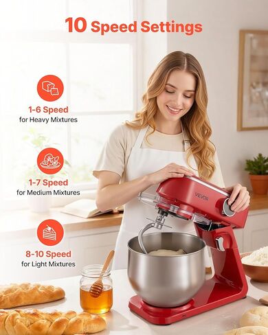 VEVOR Stand Mixer, 3 QT Electric Kitchen Mixer, 300W Dough-Mixer, 10 Speeds Tilt-head Food-Mixer with Stainless Steel Bowl, Dough Hook, Whisk, Beater, for Baking, Mixing, Whipping & Kneading, Red in Kuwait