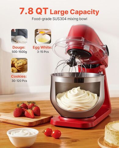 VEVOR Stand Mixer, 3 QT Electric Kitchen Mixer, 300W Dough-Mixer, 10 Speeds Tilt-head Food-Mixer with Stainless Steel Bowl, Dough Hook, Whisk, Beater, for Baking, Mixing, Whipping & Kneading, Red in Kuwait