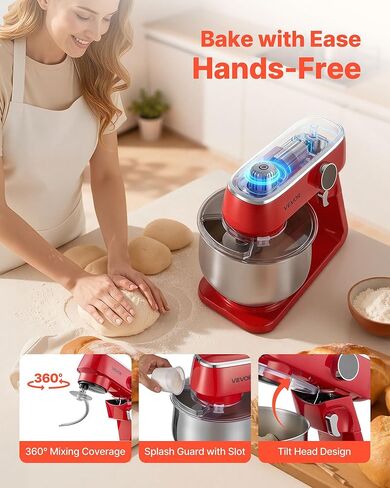 VEVOR Stand Mixer, 3 QT Electric Kitchen Mixer, 300W Dough-Mixer, 10 Speeds Tilt-head Food-Mixer with Stainless Steel Bowl, Dough Hook, Whisk, Beater, for Baking, Mixing, Whipping & Kneading, Red in Kuwait