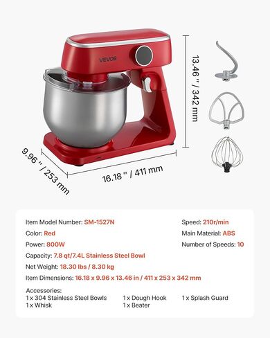 VEVOR Stand Mixer, 3 QT Electric Kitchen Mixer, 300W Dough-Mixer, 10 Speeds Tilt-head Food-Mixer with Stainless Steel Bowl, Dough Hook, Whisk, Beater, for Baking, Mixing, Whipping & Kneading, Red in Kuwait