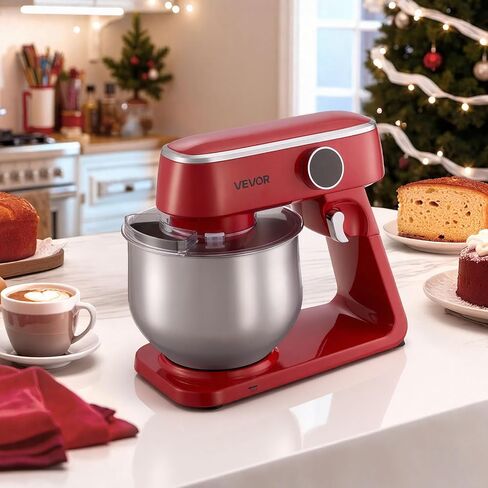 VEVOR Stand Mixer, 3 QT Electric Kitchen Mixer, 300W Dough-Mixer, 10 Speeds Tilt-head Food-Mixer with Stainless Steel Bowl, Dough Hook, Whisk, Beater, for Baking, Mixing, Whipping & Kneading, Red in Kuwait