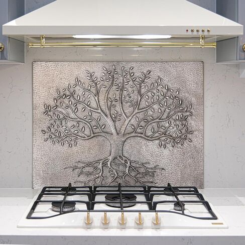 Handmade Copper Kitchen Backsplash Tiles, Tree of Life with Roots Stove Splashback, Custom Copper Backsplash Panel, Handmade Copper Backsplash Tile, Indoor Outdoor Wall Decor (Gray) in Kuwait