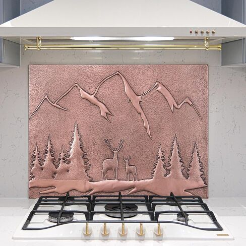 Kitchen Backsplash, Mountains Behind the Deers in the Forest Kitchen Backsplash, Nature Scene Copper Backsplash Panel, Handmade Copper Backsplash Tile, Indoor Outdoor Wall Decor (Brown) in Saudi Arabia