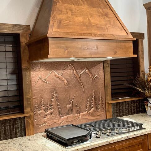 Kitchen Backsplash, Mountains Behind the Deers in the Forest Kitchen Backsplash, Nature Scene Copper Backsplash Panel, Handmade Copper Backsplash Tile, Indoor Outdoor Wall Decor (Brown) in Saudi Arabia