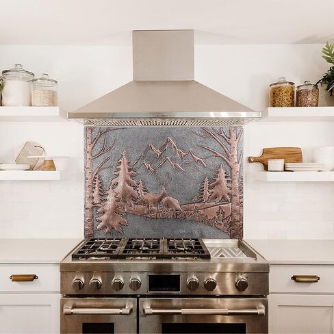 Kitchen Backsplash, Pine Trees and Mountain Scenery Behind Deers Copper Kitchen Backsplash, Custom Copper Backsplash Panel, Handmade Copper Backsplash Tile, Indoor Outdoor Wall Decor (Gray&Copper) in Kuwait
