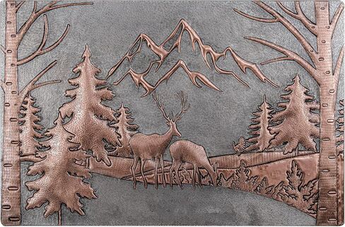 Kitchen Backsplash, Pine Trees and Mountain Scenery Behind Deers Copper Kitchen Backsplash, Custom Copper Backsplash Panel, Handmade Copper Backsplash Tile, Indoor Outdoor Wall Decor (Gray&Copper) in Kuwait