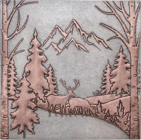 Kitchen Backsplash, Pine Trees and Mountain Scenery Behind Deers Copper Kitchen Backsplash, Custom Copper Backsplash Panel, Handmade Copper Backsplash Tile, Indoor Outdoor Wall Decor (Gray&Copper) in Kuwait