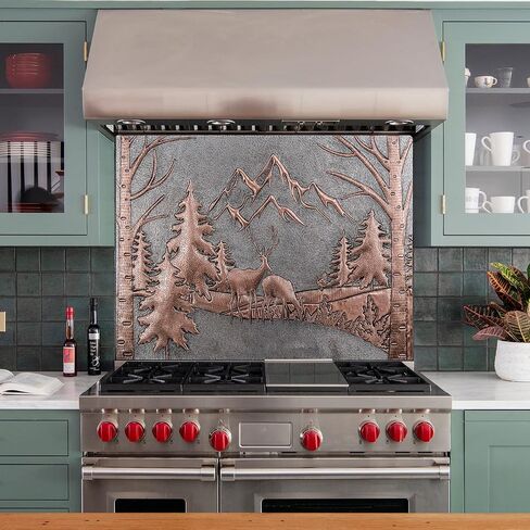 Kitchen Backsplash, Pine Trees and Mountain Scenery Behind Deers Copper Kitchen Backsplash, Custom Copper Backsplash Panel, Handmade Copper Backsplash Tile, Indoor Outdoor Wall Decor (Gray&Copper) in Kuwait