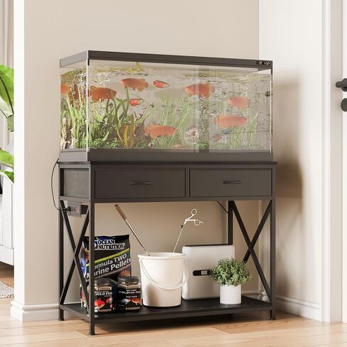 40-50 Gallon Fish Tank Stand，Aquarium Holder with Power Outlet and 2 Drawers，Heavy Duty Breeder Turtle Terrarium Stand Suitable for Turtle Tank, Reptile Terrarium, for Home Office (Black) in Saudi Arabia