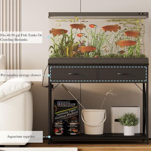 40-50 Gallon Fish Tank Stand，Aquarium Holder with Power Outlet and 2 Drawers，Heavy Duty Breeder Turtle Terrarium Stand Suitable for Turtle Tank, Reptile Terrarium, for Home Office (Black) in Saudi Arabia