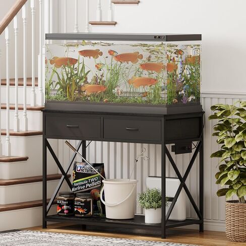 40-50 Gallon Fish Tank Stand，Aquarium Holder with Power Outlet and 2 Drawers，Heavy Duty Breeder Turtle Terrarium Stand Suitable for Turtle Tank, Reptile Terrarium, for Home Office (Black) in Saudi Arabia