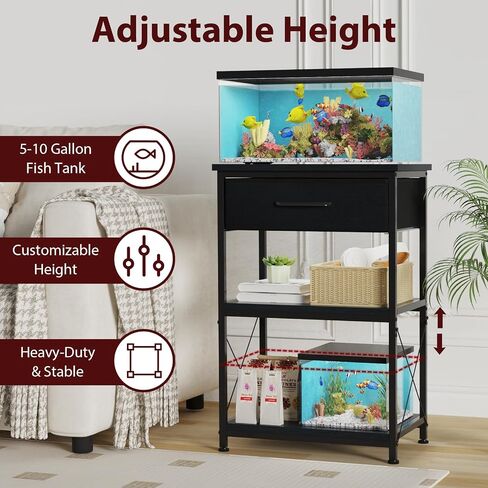 TFK 5-10 Gallon Fish Tank Stand, Height Adjustable Metal Aquarium Stand with Storage Drawers for Fish Tank Accessories Storage, Perfect for Turtle Tank, Reptile Terrarium, Black in Saudi Arabia