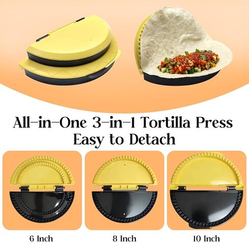 سدادة تورتيلا ومكشكش لفافات 6، 8، 10 بوصة | ماكينة ضغط يدوية 3 في 1 للبوريتو والكويساديلا والتاكو والكالزون محلية الصنع in Kuwait