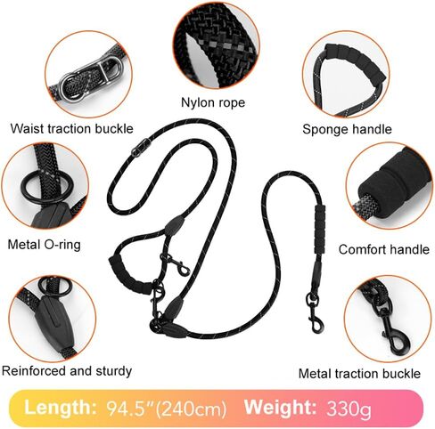Cymiler Hands Free Dog Leash, 8 Ft Reflective Cross-Body Pet Rope Leashes with Sponge Handle, Heavy Duty Nylon, for Running, Hiking, Training, Waist Leash for Small Medium Large Dogs (Black) in Saudi Arabia