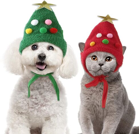 2PCS Pet Hats Christmas Headgear for Dogs Christmas Tree Shaped Hats for Cats Funny Headwear Supplies(Red Green) in Saudi Arabia