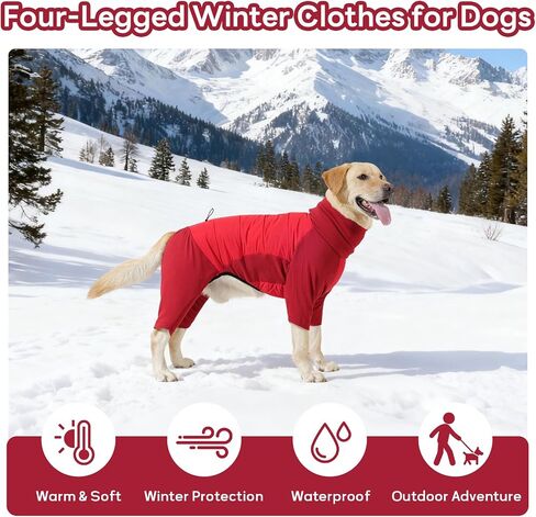IDOMIK Dog Coat, Waterproof Dog Winter Coat with Harness Hole, Four-Legged Turtleneck Doggy Jackets for Large Medium Small Dogs, Warm Pet Pajamas Snow Jacket for Christmas Cold Weather,Red,XL in Kuwait