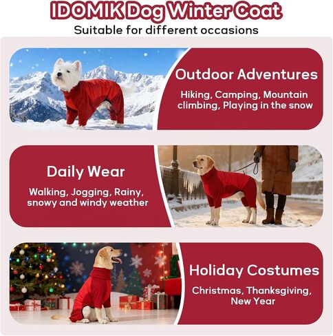 IDOMIK Dog Coat, Waterproof Dog Winter Coat with Harness Hole, Four-Legged Turtleneck Doggy Jackets for Large Medium Small Dogs, Warm Pet Pajamas Snow Jacket for Christmas Cold Weather,Red,XL in Kuwait