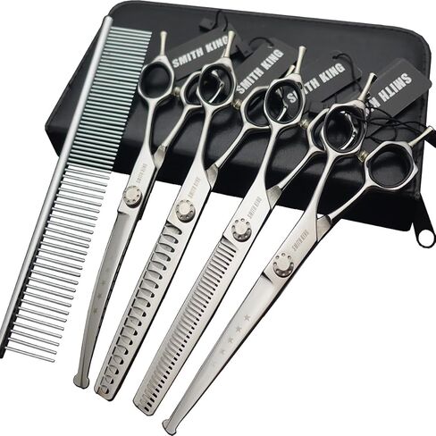 7 inches Safe Dog Grooming Scissors Set with Round Tip,Straight & Thinning & Curved Shears Set with comb for Dog & Cat Grooming human hair cutting (Black 4 in 1 with comb) in Saudi Arabia
