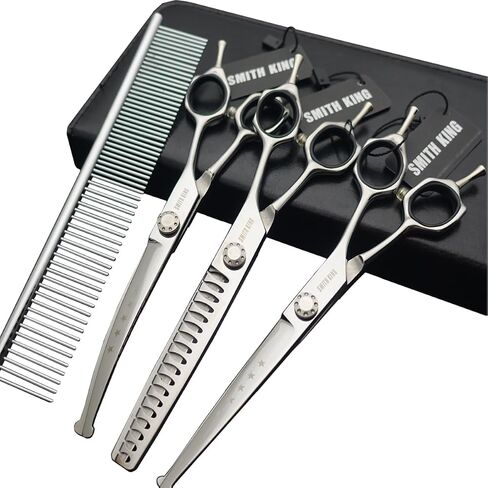 7 inches Safe Dog Grooming Scissors Set with Round Tip,Straight & Thinning & Curved Shears Set with comb for Dog & Cat Grooming human hair cutting (Black 4 in 1 with comb) in Saudi Arabia