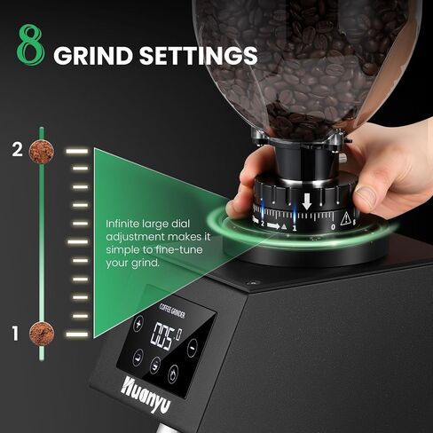 Huanyu Commercial Coffee Grinder with 64mm Flat Burr Anti-Flying Grounds Outlet 26oz Lotus Hopper 8 Stepless Settings Electric Coffee Grinders with Smart Touchscreen for Cafés Restaurants in Saudi Arabia