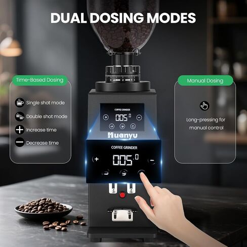 Huanyu Commercial Coffee Grinder with 64mm Flat Burr Anti-Flying Grounds Outlet 26oz Lotus Hopper 8 Stepless Settings Electric Coffee Grinders with Smart Touchscreen for Cafés Restaurants in Saudi Arabia