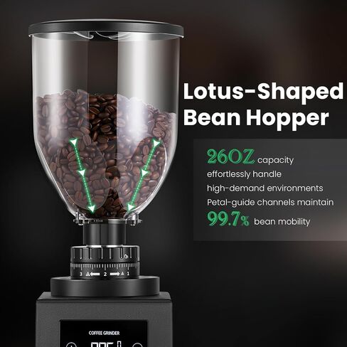 Huanyu Commercial Coffee Grinder with 64mm Flat Burr Anti-Flying Grounds Outlet 26oz Lotus Hopper 8 Stepless Settings Electric Coffee Grinders with Smart Touchscreen for Cafés Restaurants in Saudi Arabia