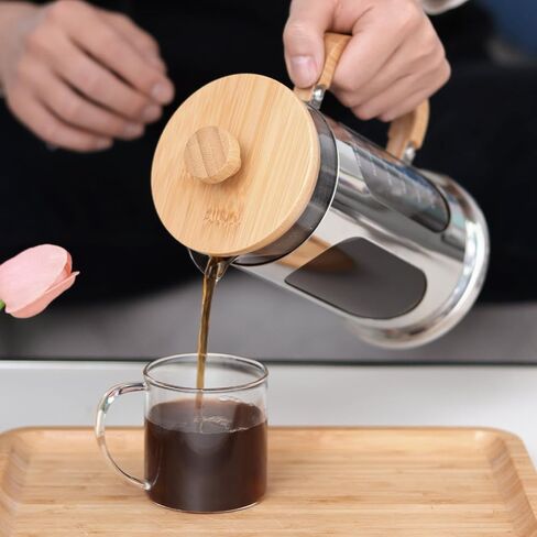 Sivaphe No-Plastic French Press Coffee Maker 34 oz, Borosilicate Glass Bamboo Lid and Handle Coffee Tea Press 8 cup, 1000ml Coffee Milk Forther with Stainless Steel Holder and Resuable Filters in Kuwait