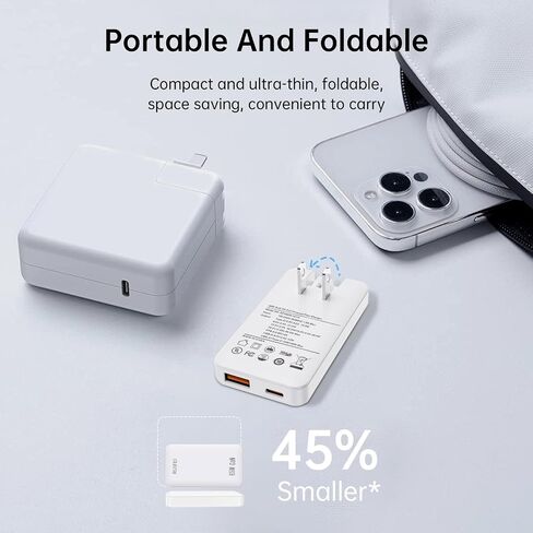 30W Flat USB C Charger Block （محول الطاقة المزدوج للمنفذ） مع GAN Tech ، وتصميم قابلية رقيقة وقابلة للطي مريحة للسفر ، والشحن السريع لـ Galaxy S25 Ultra/S24 ، و iPhone 16/16 Pro/15/14 ، والمزيد ، أبيض in Kuwait