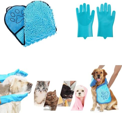 مجموعة مناشف حمام وقفازات غسيل للحيوانات الأليفة فائقة الامتصاص - منشفة تجفيف للكلاب من قماش شانيل ناعمة مع جيوب يدوية، سريعة الجفاف، قابلة للغسل في الغسالة، غير سامة ومتينة للكلاب والقطط الصغيرة والكبيرة، باللون الأزرق in Kuwait