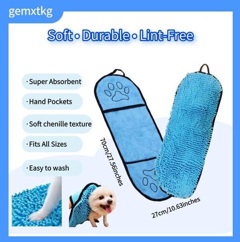 مجموعة مناشف حمام وقفازات غسيل للحيوانات الأليفة فائقة الامتصاص - منشفة تجفيف للكلاب من قماش شانيل ناعمة مع جيوب يدوية، سريعة الجفاف، قابلة للغسل في الغسالة، غير سامة ومتينة للكلاب والقطط الصغيرة والكبيرة، باللون الأزرق in Kuwait