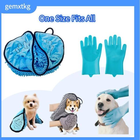 مجموعة مناشف حمام وقفازات غسيل للحيوانات الأليفة فائقة الامتصاص - منشفة تجفيف للكلاب من قماش شانيل ناعمة مع جيوب يدوية، سريعة الجفاف، قابلة للغسل في الغسالة، غير سامة ومتينة للكلاب والقطط الصغيرة والكبيرة، باللون الأزرق in Kuwait
